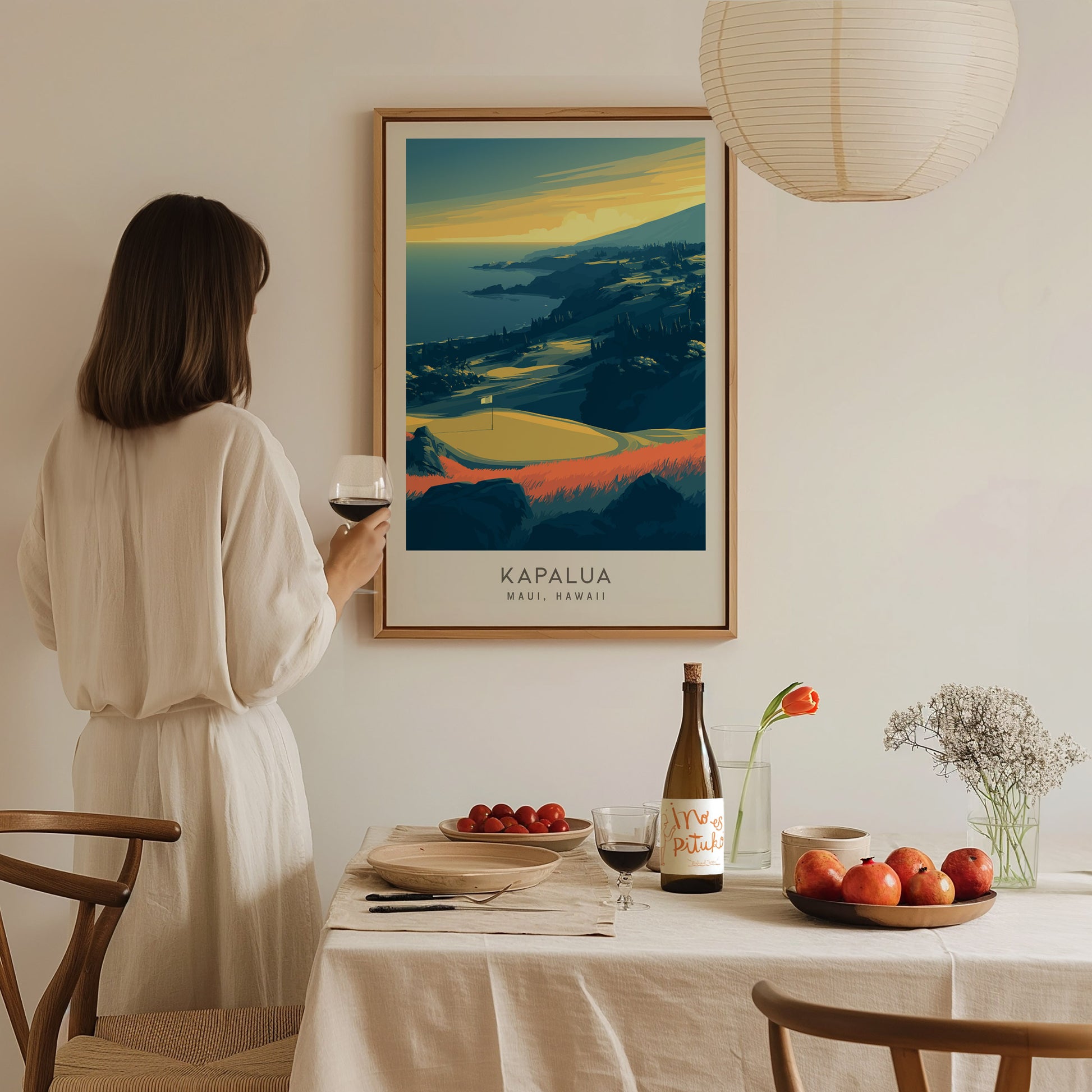 Kapalua Matte Border Poster | Maui, Hawaii Golf Course Print Travel Wall Art — styled in a modern interior