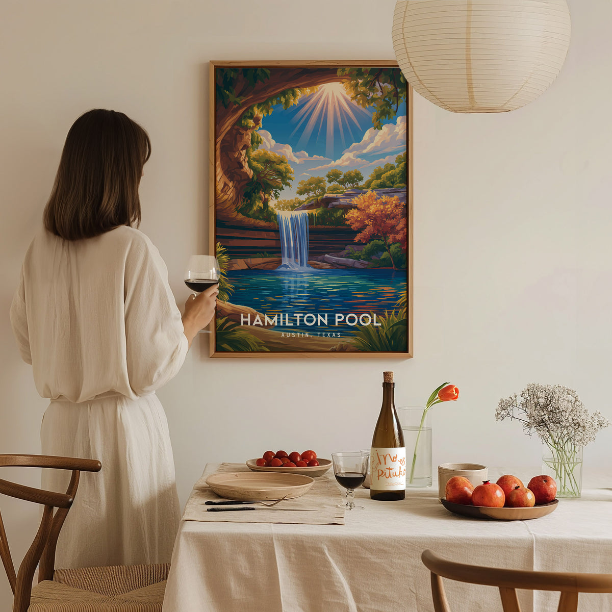 Hamilton Pool, Austin, Texas Poster | Natural Grotto & Waterfall Travel Wall Art — styled in a modern interior