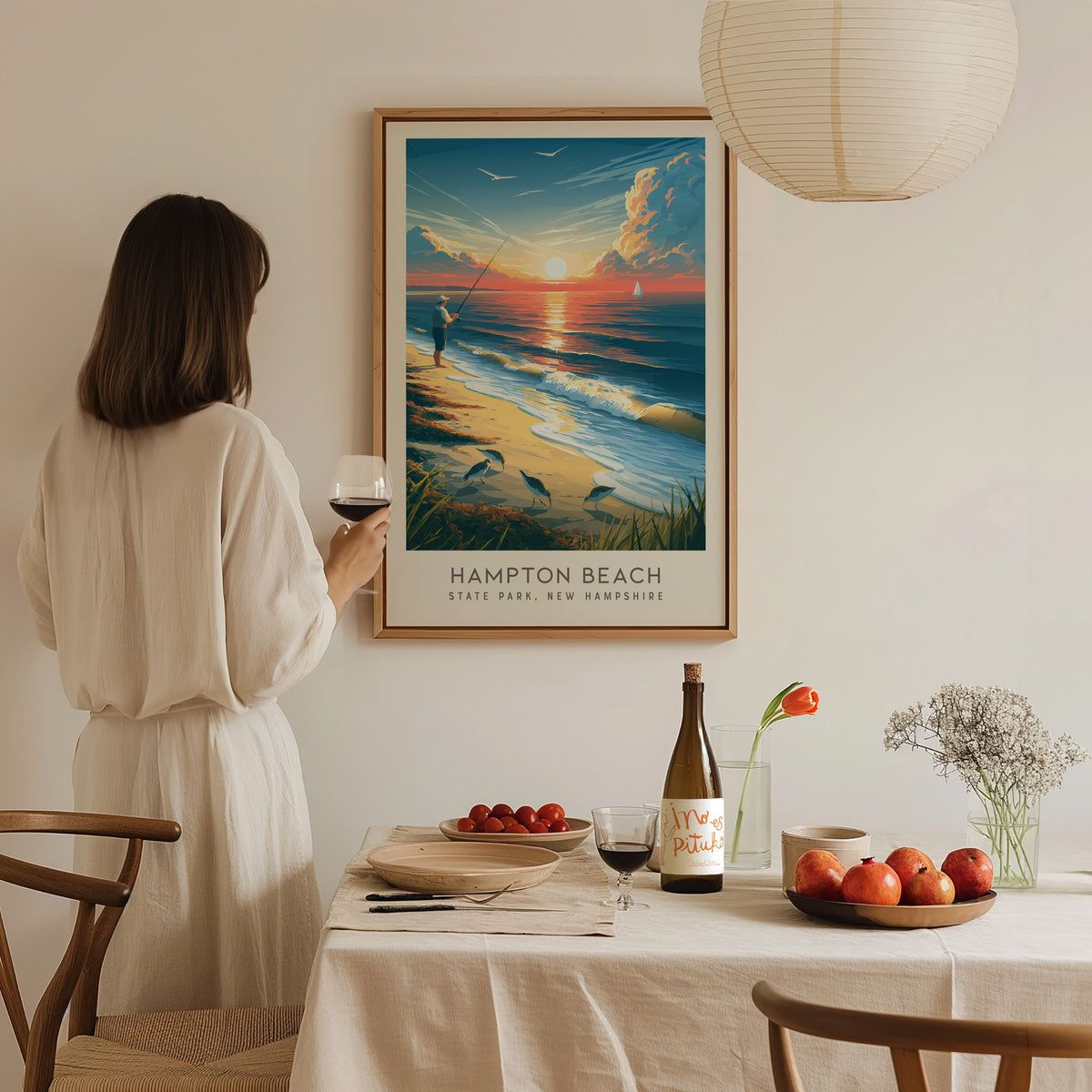 Hampton Beach Matte Border Poster | State Park, New Hampshire Coastal Beach Decor — styled in a modern interior
