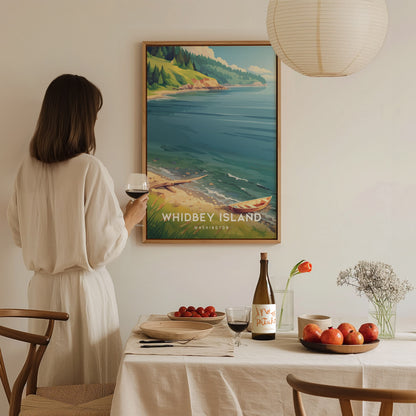 Whidbey Island, Washington Poster | Evergreen Shores & Sailboat Wall Art — styled in a modern interior