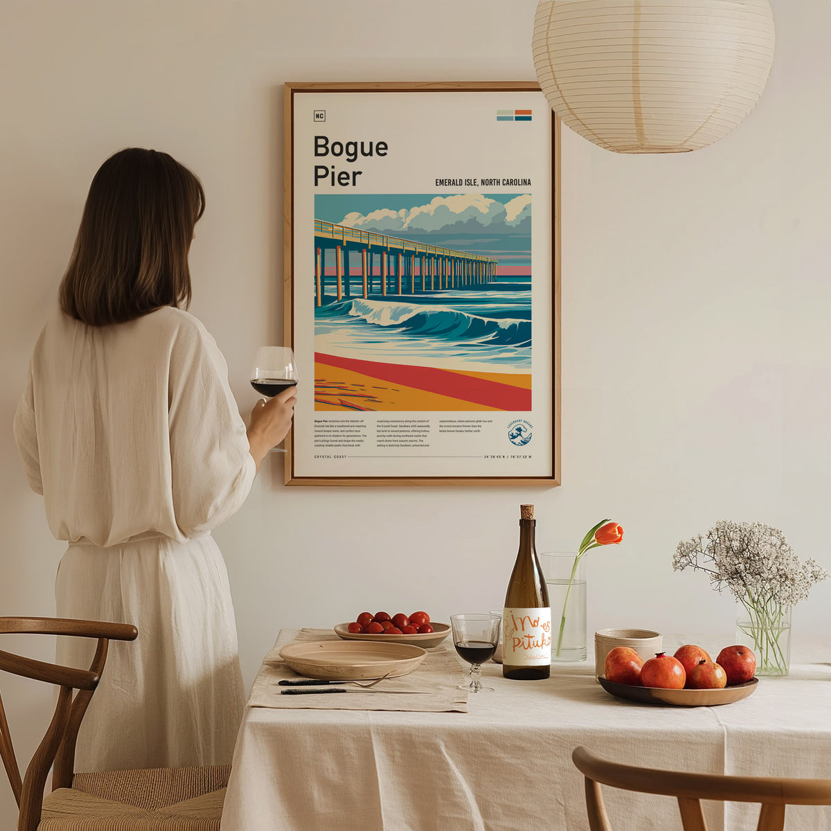 Bogue Pier, Emerald Isle, North Carolina Poster | Surf Wall Art & Beach House Decor — styled in a modern interior