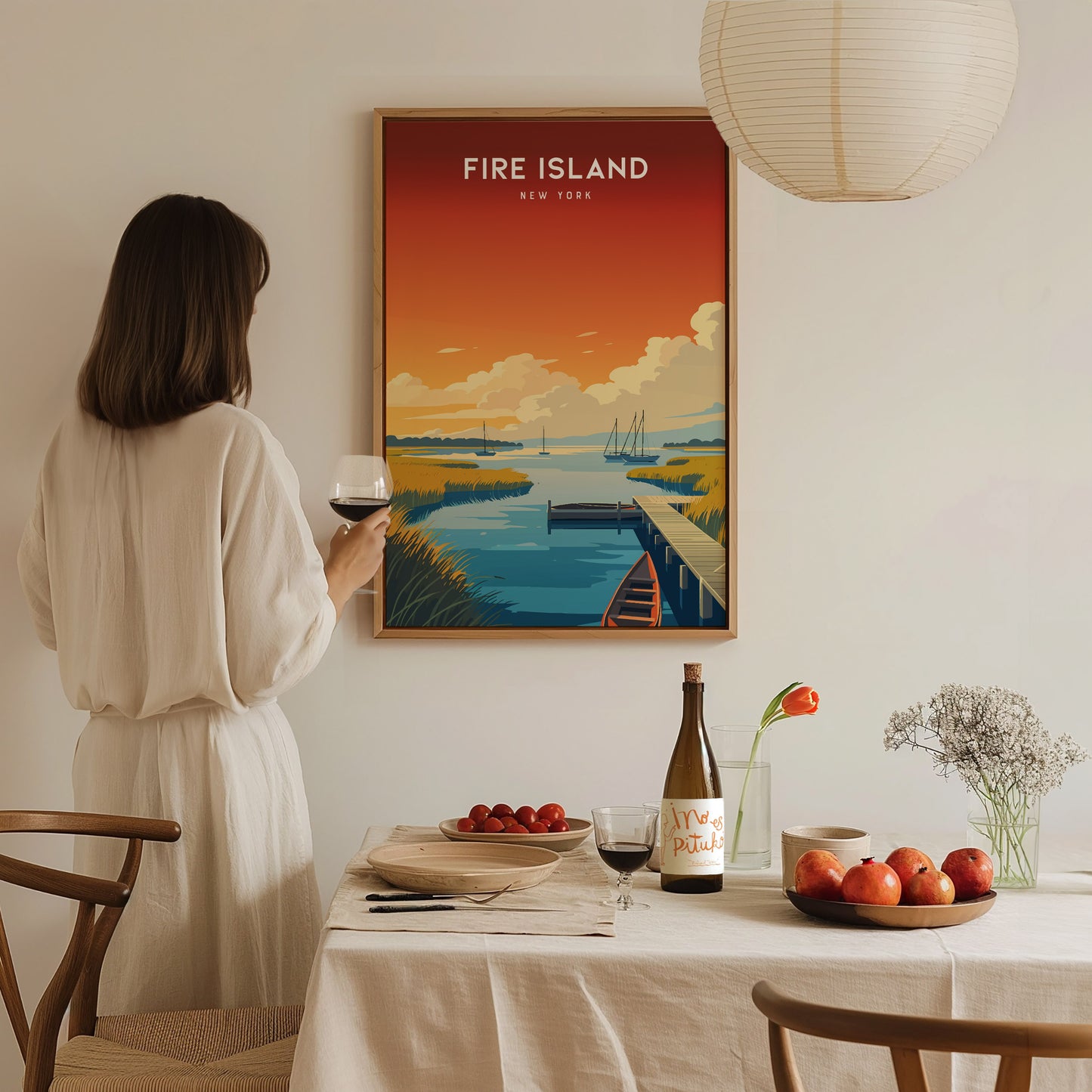 Fire Island, New York Poster | Dunes & Lighthouse Seaside Wall Art — styled in a modern interior