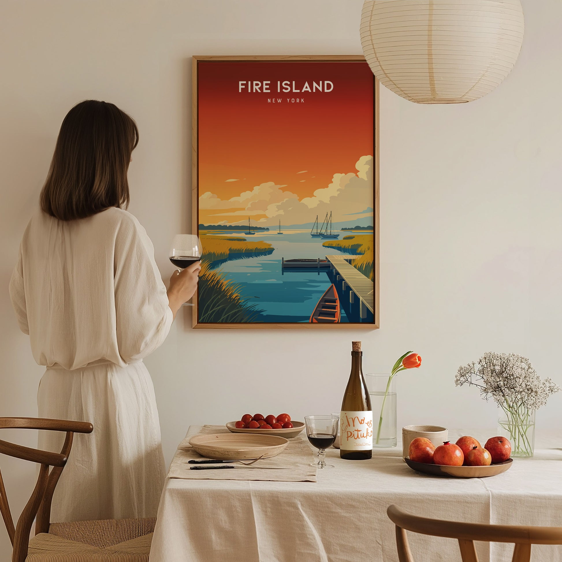 Fire Island, New York Poster | Dunes & Lighthouse Seaside Wall Art — styled in a modern interior