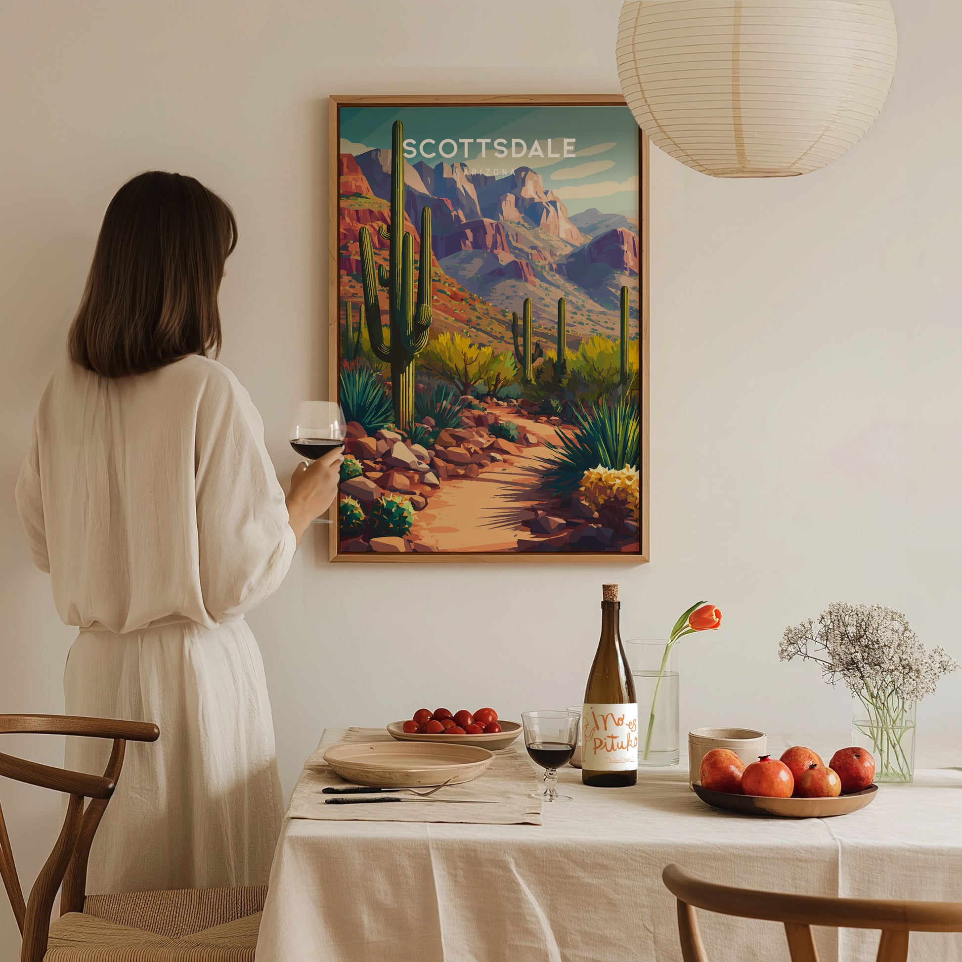 Scottsdale, Arizona Poster | Desert Sunset & Saguaro Cactus Wall Art — styled in a modern interior