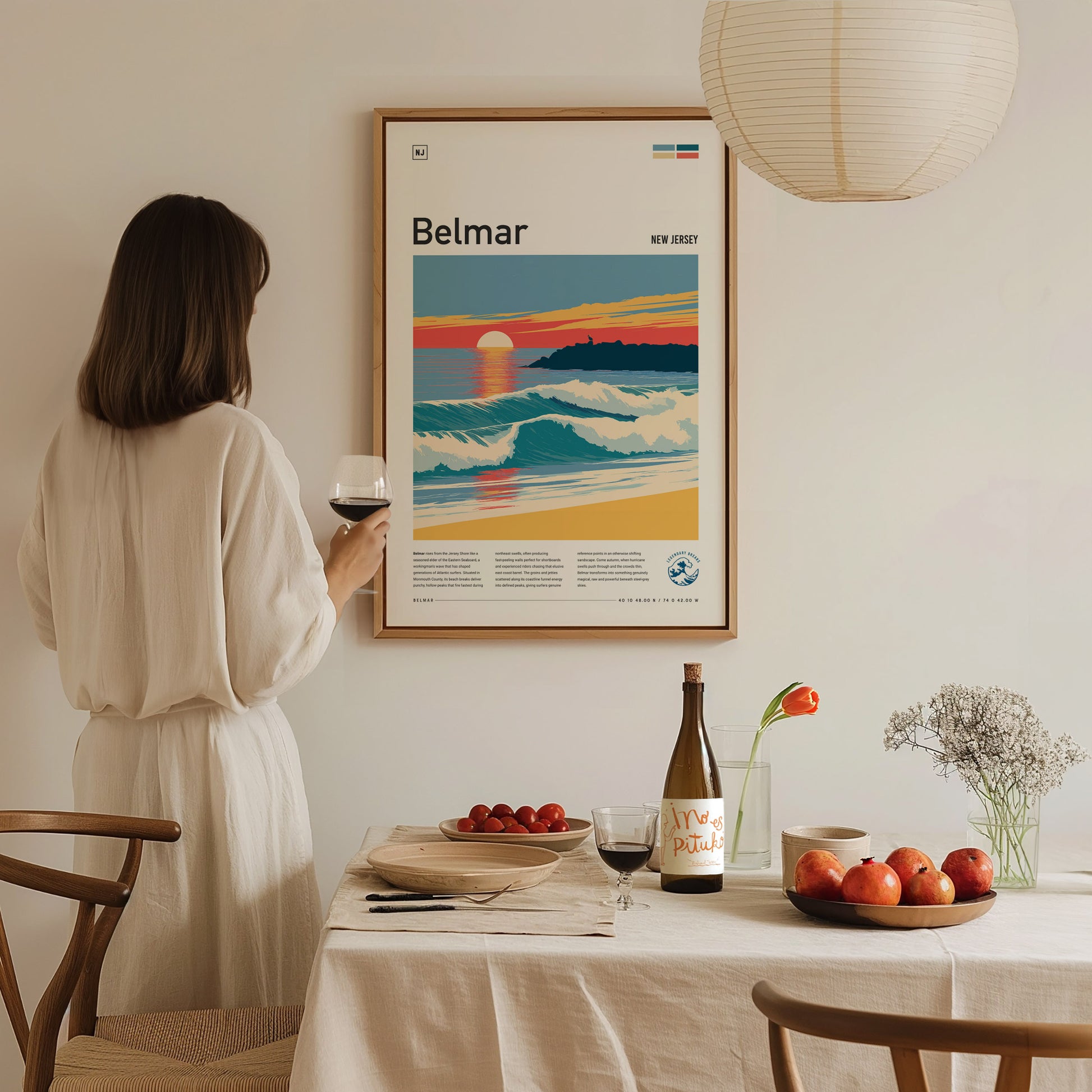 Belmar, New Jersey Poster | Surf & Boardwalk Coastal Wall Art — styled in a modern interior