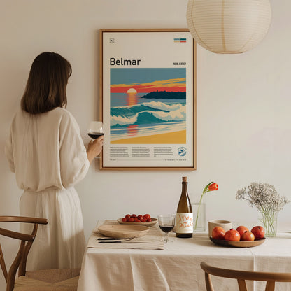 Belmar, New Jersey Poster | Surf & Boardwalk Coastal Wall Art — styled in a modern interior