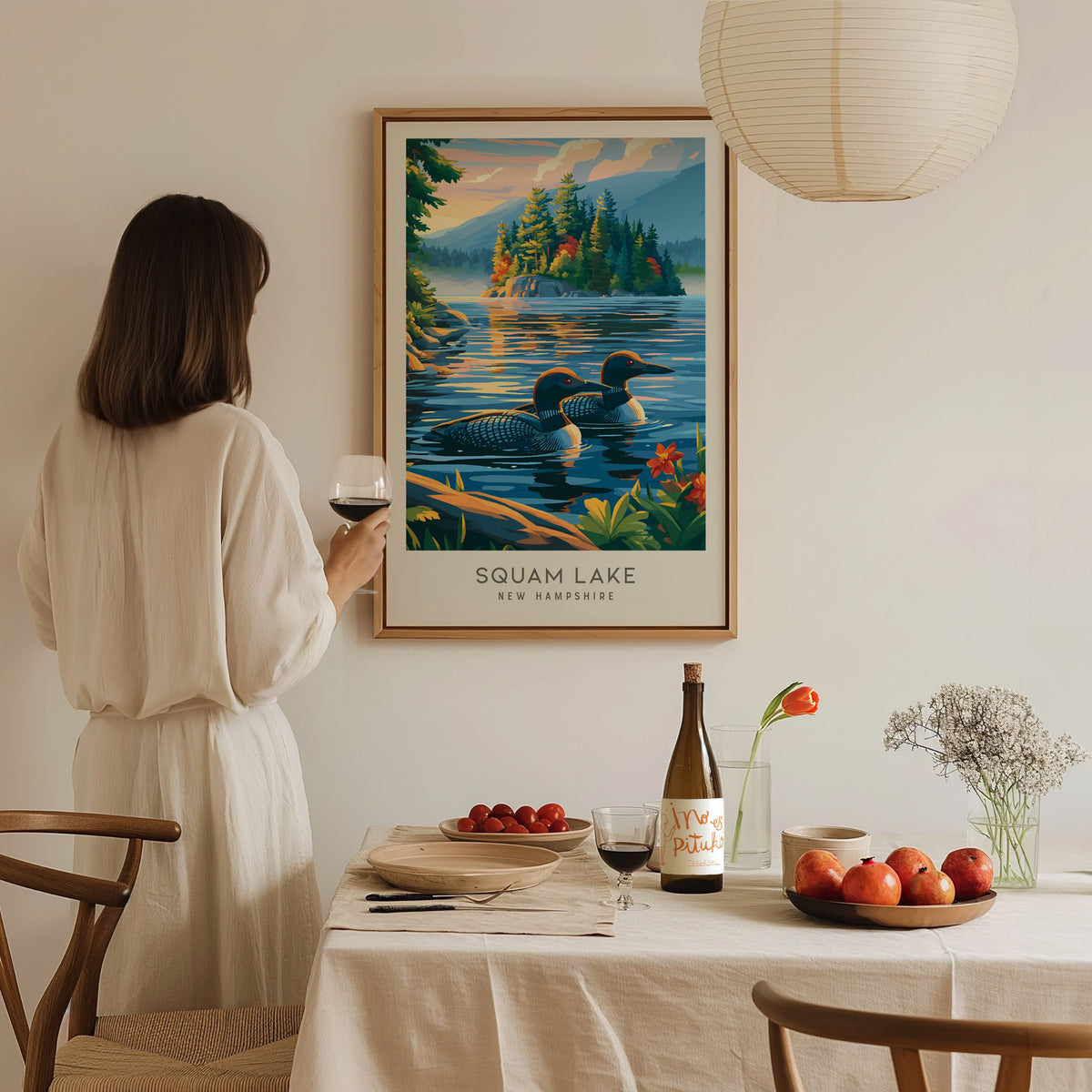 Squam Lake Matte Border Poster | New Hampshire Vacation Wall Art — styled in a modern interior