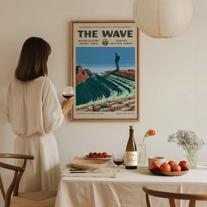 The Wave, Coyote Buttes North Poster | Hiker Gift | Backcountry Trail Wall Art — styled in a modern interior