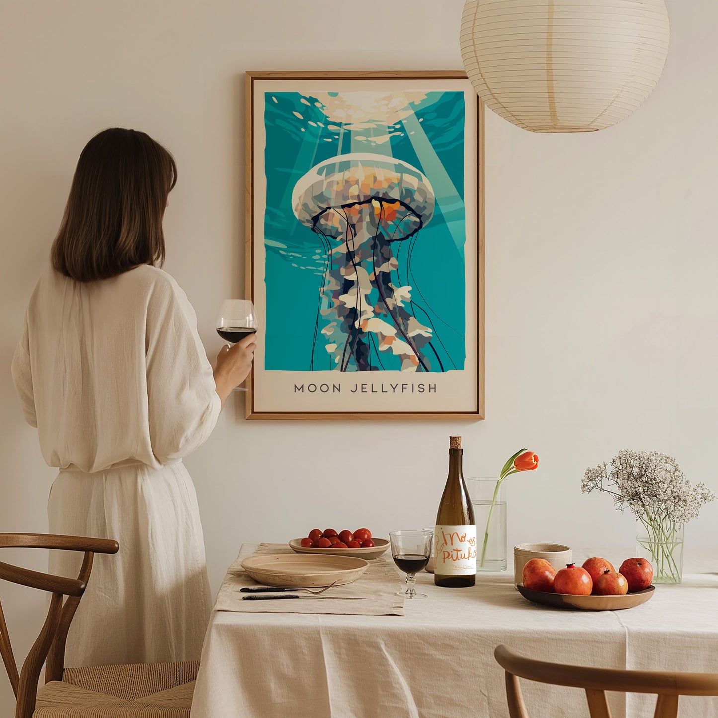 Moon Jellyfish Poster | Ethereal Ocean Drifters Wildlife Wall Art — styled in a modern interior