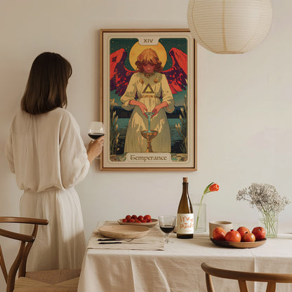 A woman in a cream-colored dress stands at a dining table, holding a glass of wine while gazing at a Temperance Tarot poster featuring an angelic figure with red wings pouring liquid between two cups.