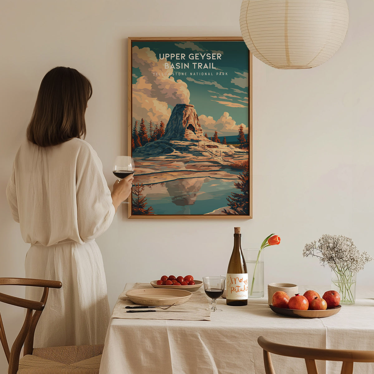 Upper Geyser Basin Trail, Yellowstone National Park Poster | Geothermal Wonders Travel Wall Art — styled in a modern interior