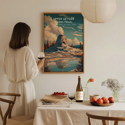 Upper Geyser Basin Trail, Yellowstone National Park Poster | Geothermal Wonders Travel Wall Art — styled in a modern interior