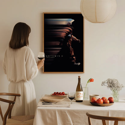 Artemis II mission print in a floating frame canvas displayed on a clean white wall