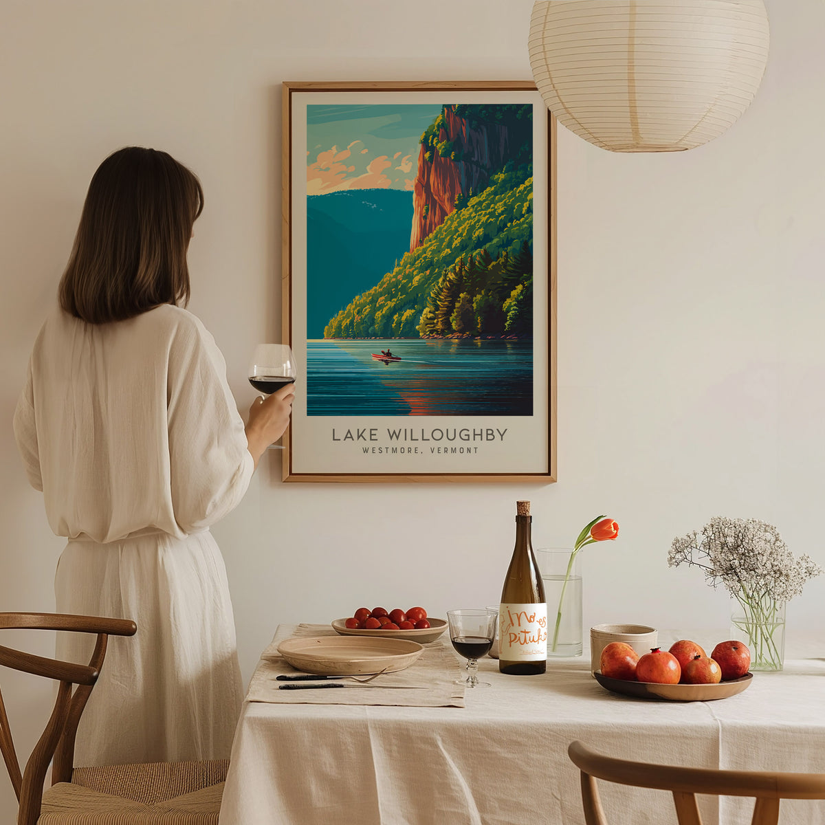 Lake Willoughby Matte Border Poster | Westmore, Vermont Destination Print — styled in a modern interior