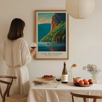 Lake Willoughby Matte Border Poster | Westmore, Vermont Destination Print — styled in a modern interior