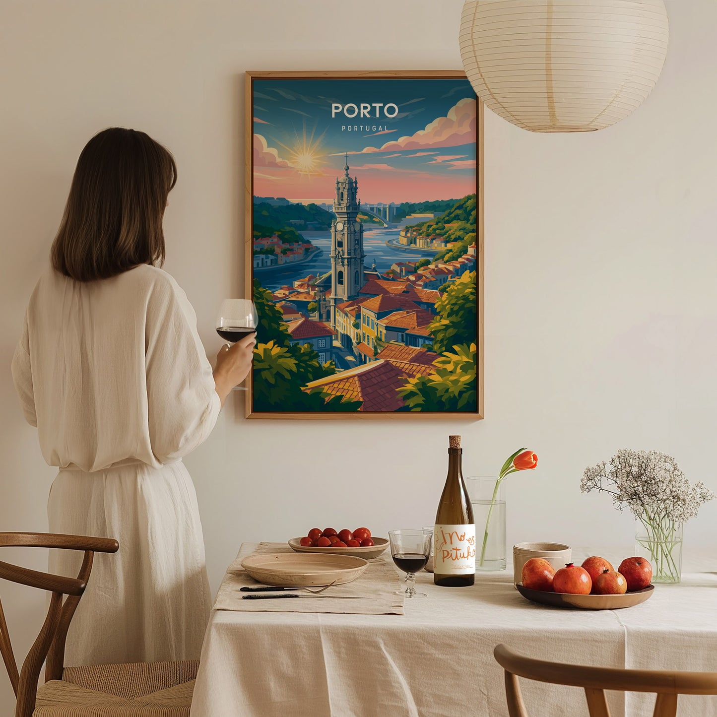 Porto, Portugal Poster | Rabelo Boats & Colorful Riverfront Wall Art — styled in a modern interior