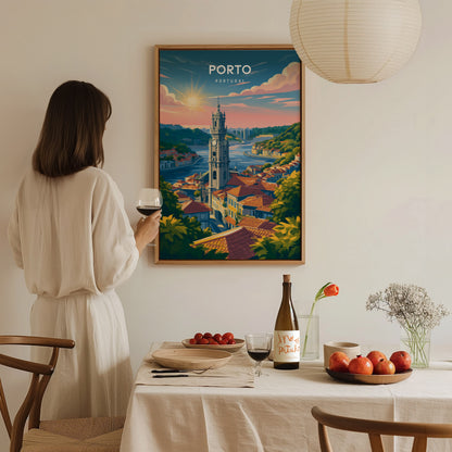 Porto, Portugal Poster | Rabelo Boats & Colorful Riverfront Wall Art — styled in a modern interior
