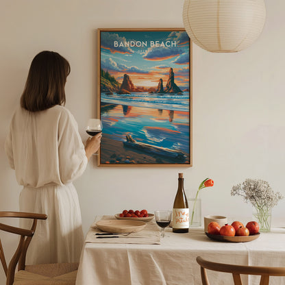 Bandon Beach, Oregon Poster | Sea Stacks & Sunset Travel Wall Art — styled in a modern interior