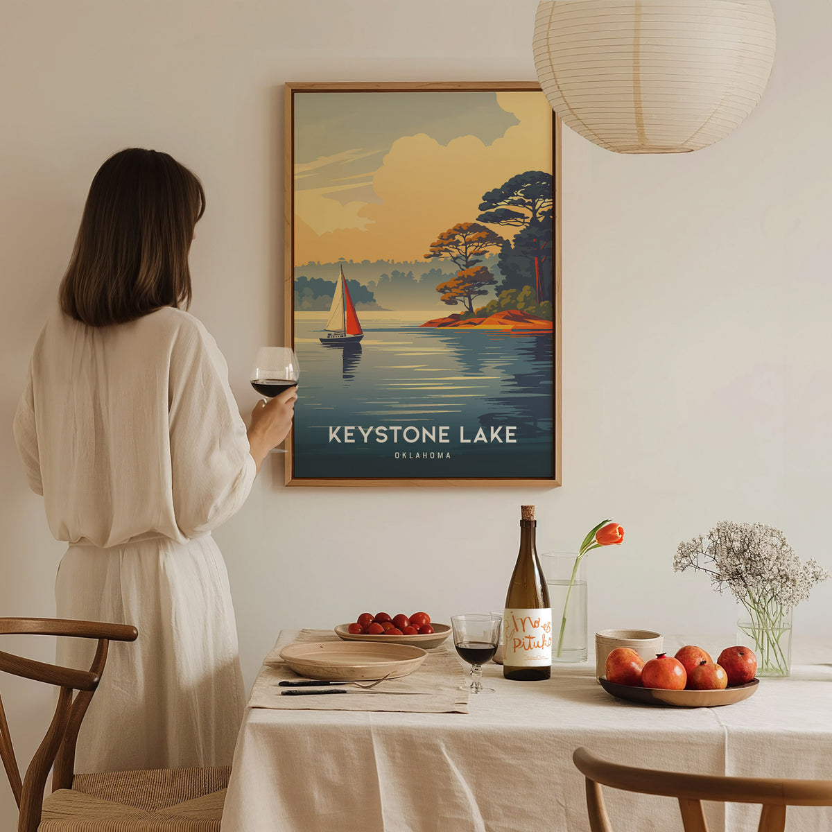 Keystone Lake, Oklahoma Poster | Lakeside Vacation Wall Art — styled in a modern interior