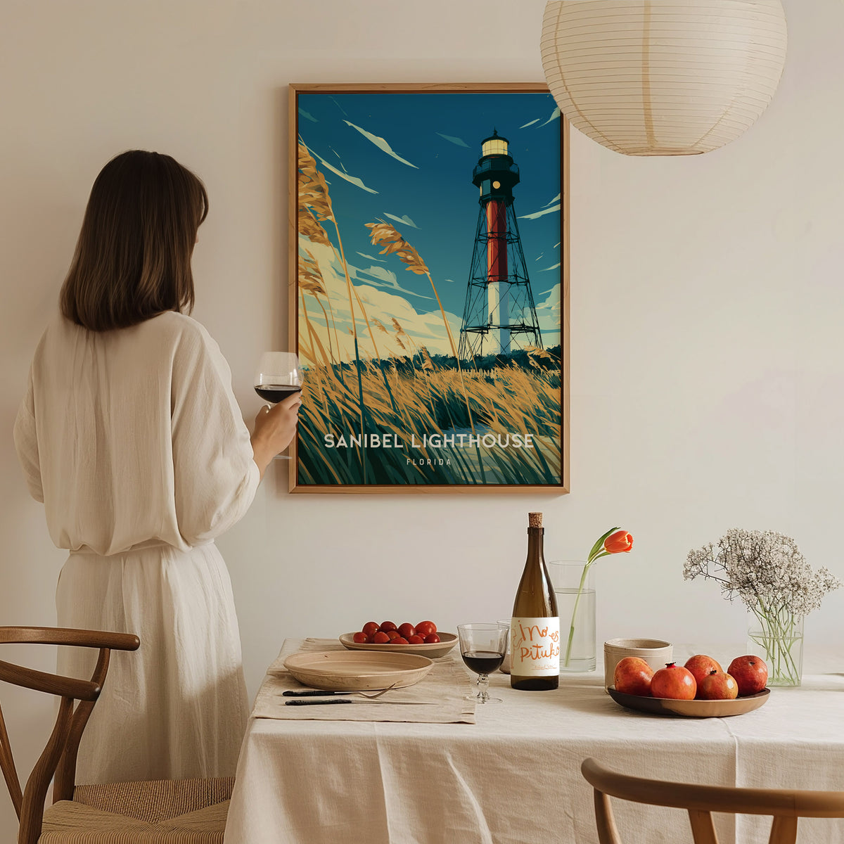 Sanibel Lighthouse, Florida Poster | Gulf Coast Beacon Coastal Decor Wall Art — styled in a modern interior