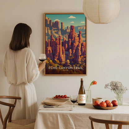 A woman in a white dress holds a glass of wine while standing at a dining table set with fresh fruit and a bottle of beer. Behind her, a colorful poster titled Echo Canyon Trail features a vibrant landscape of towering rock formations.
