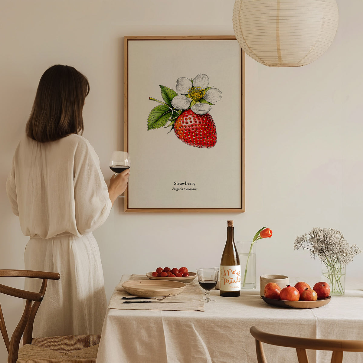 Strawberry Poster | Fragaria × ananassa Pen and Ink Print Vintage Botanical Illustration Wall Art — styled in a modern interi