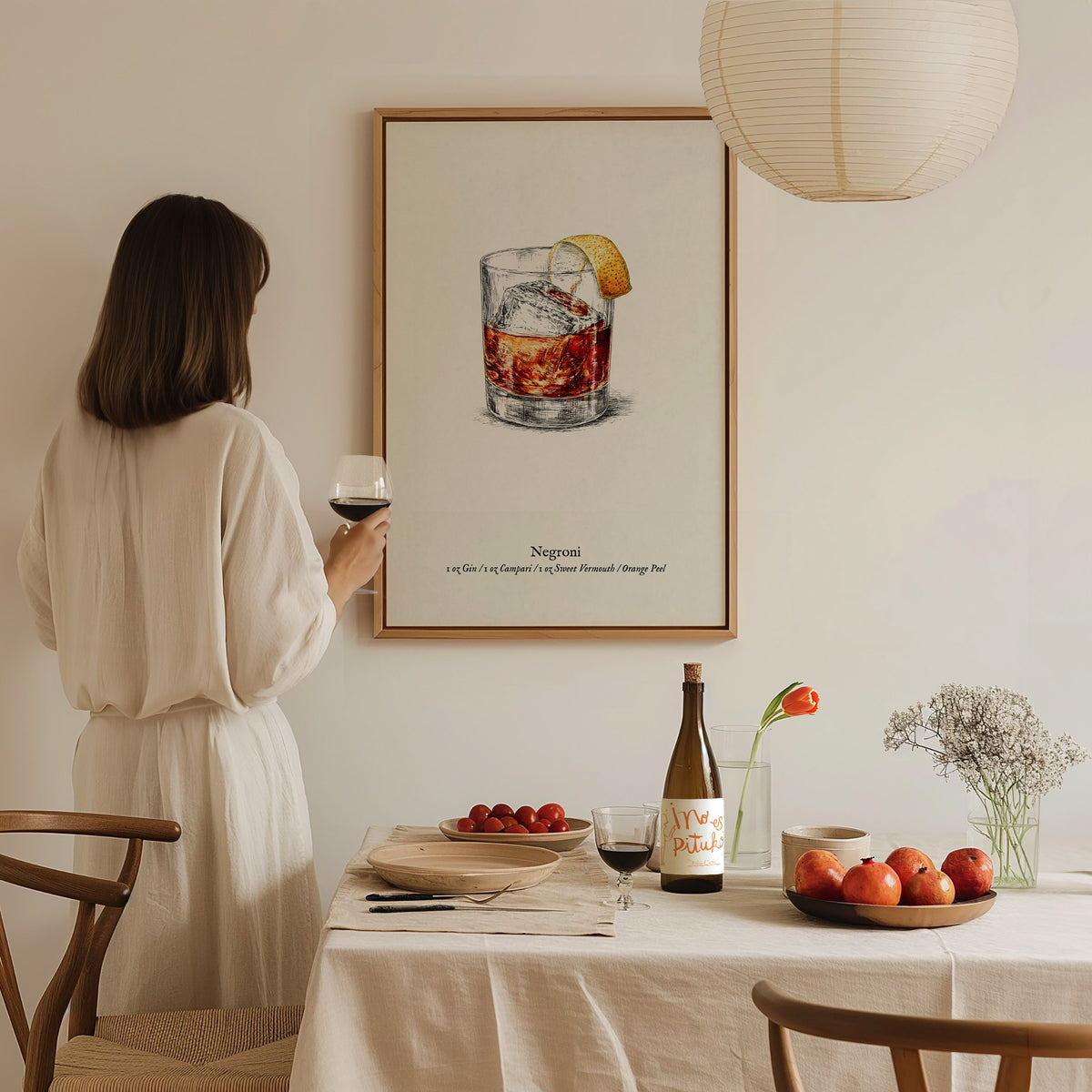 Negroni Poster | Vintage Cocktail Scientific Illustration Wall Art — styled in a modern interior