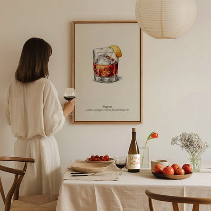 Negroni Poster | Vintage Cocktail Scientific Illustration Wall Art — styled in a modern interior