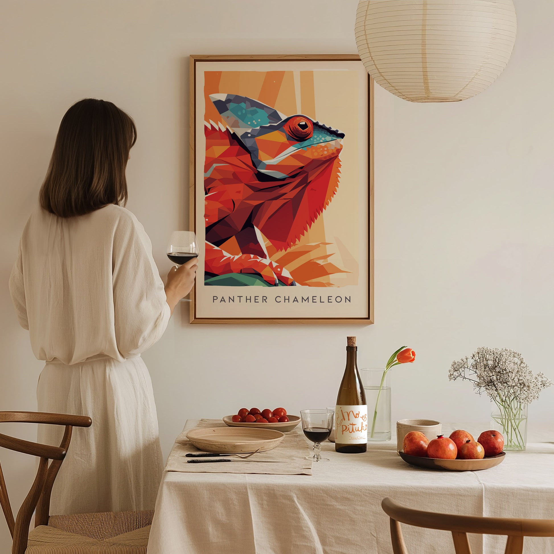 Panther Chameleon Poster | Vibrant Rainforest Reptile Wildlife Wall Art — styled in a modern interior