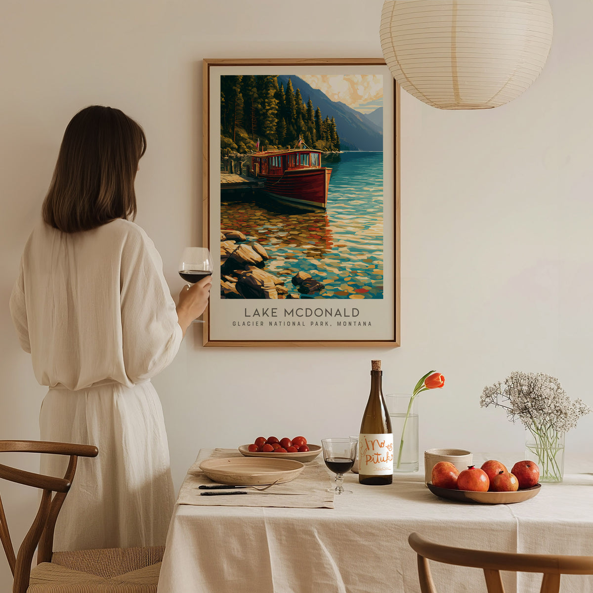 Lake McDonald Matte Border Poster | Glacier National Park, Montana Vacation Wall Art — styled in a modern interior