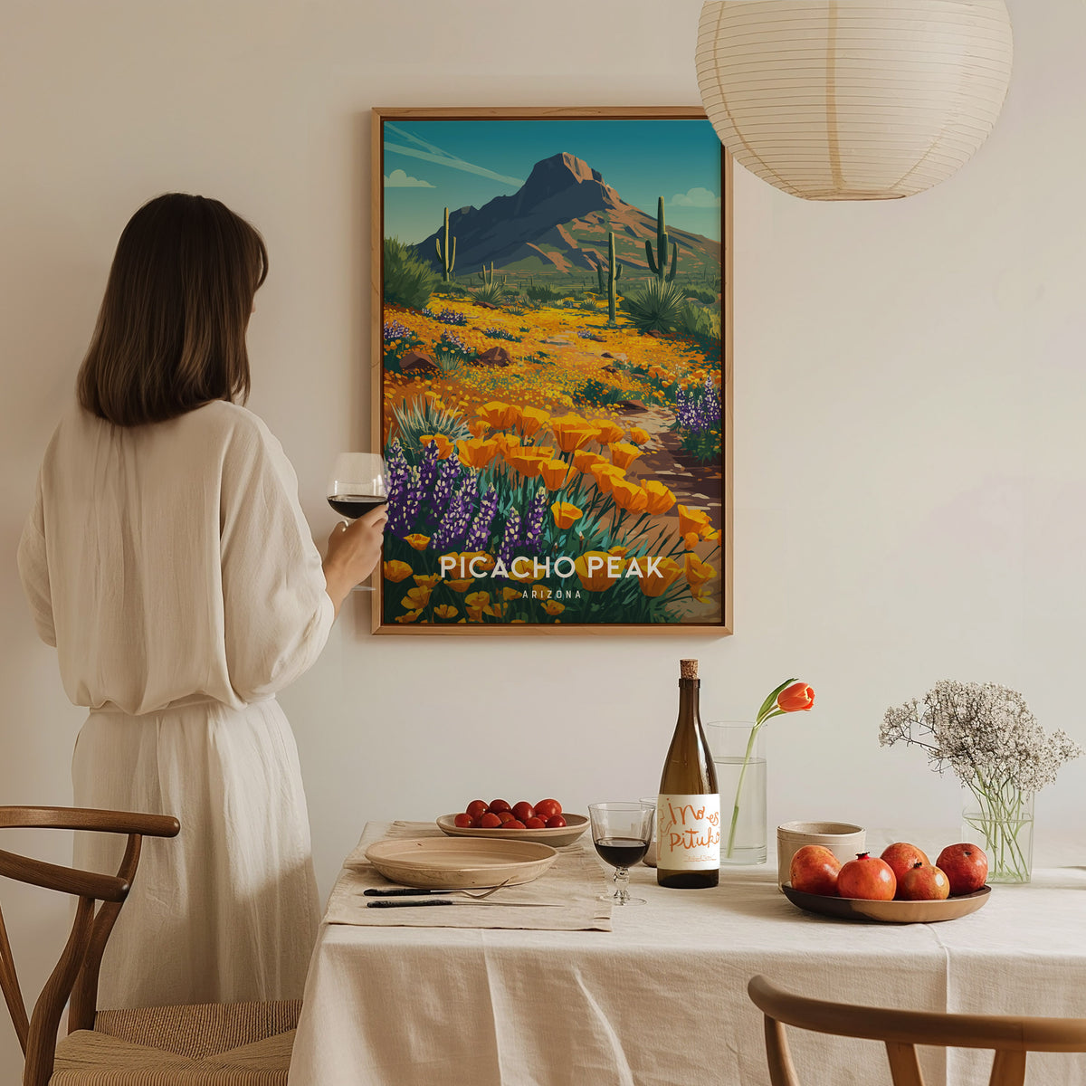 Picacho Peak, Arizona Poster | Desert Wildflower Destination Print Wall Art — styled in a modern interior