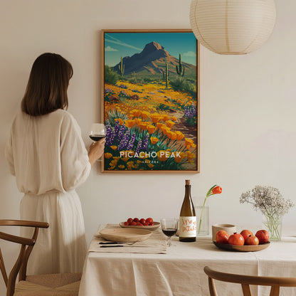 Picacho Peak, Arizona Poster | Desert Wildflower Destination Print Wall Art — styled in a modern interior