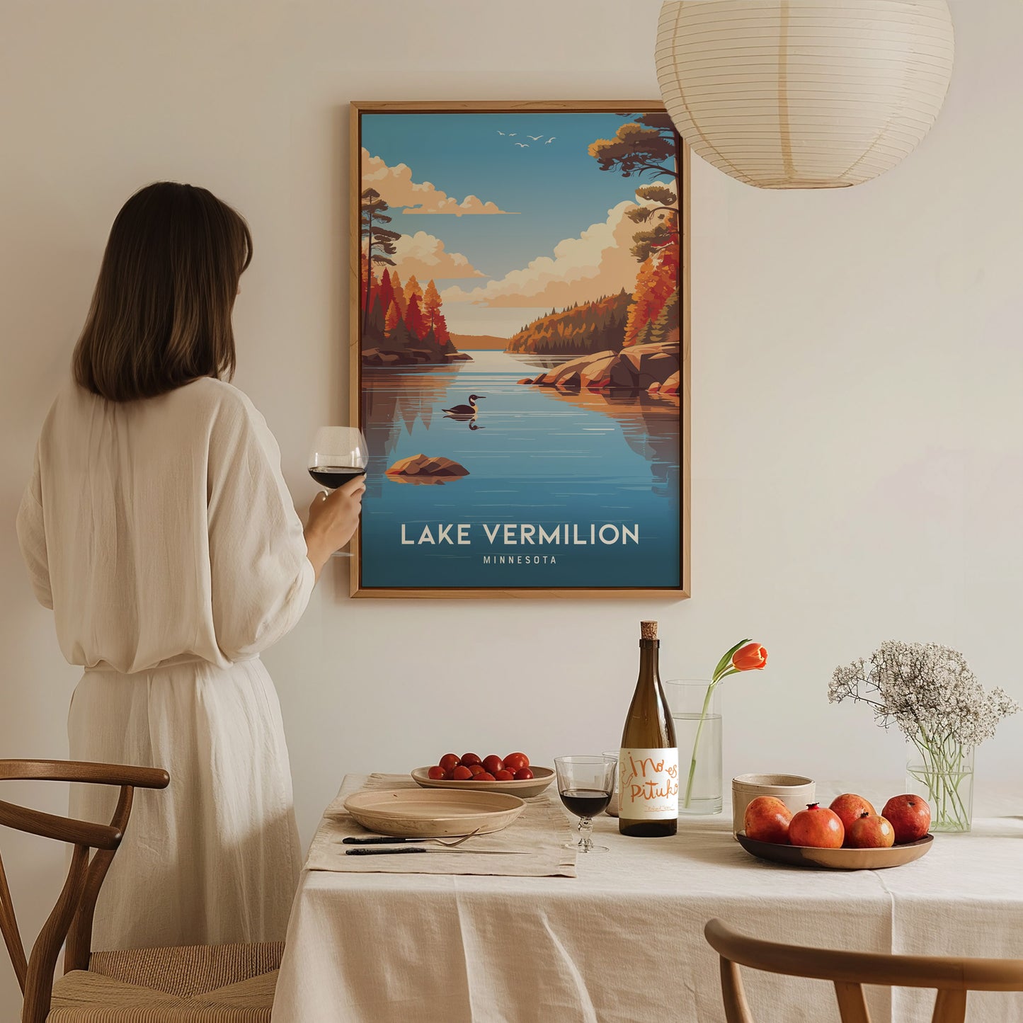 Lake Vermilion, Minnesota Poster | Northwoods Lake & Pine Forest Wall Art — styled in a modern interior