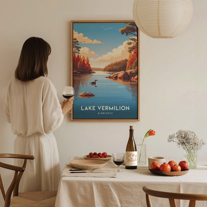 Lake Vermilion, Minnesota Poster | Northwoods Lake & Pine Forest Wall Art — styled in a modern interior