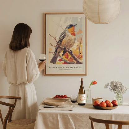 Blackburnian Warbler, Setophaga fusca Poster | Fiery Songbird Nature Print Wall Art — styled in a modern interior