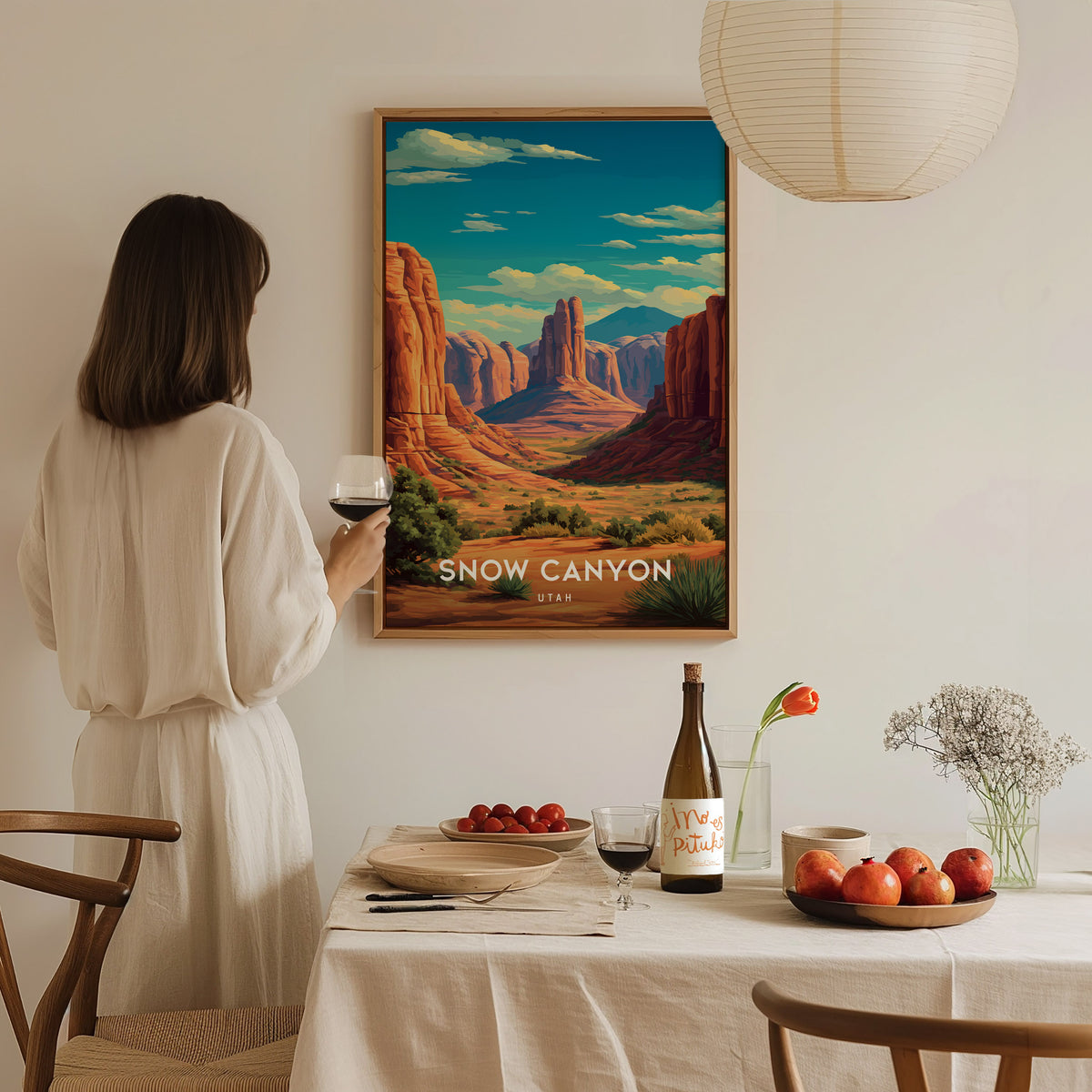 Snow Canyon, Utah Poster | Red Rock Desert Destination Print Wall Art — styled in a modern interior