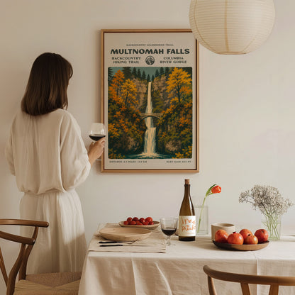 Multnomah Falls Poster | Oregon Waterfall Wall Art Print — styled in a modern interior