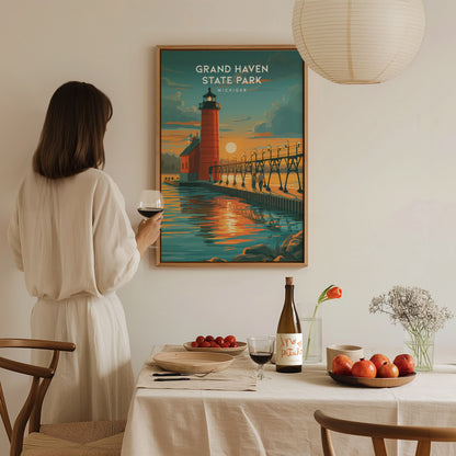 Grand Haven State Park, Michigan Poster | Lighthouse & Pier Beach House Decor Wall Art — styled in a modern interior