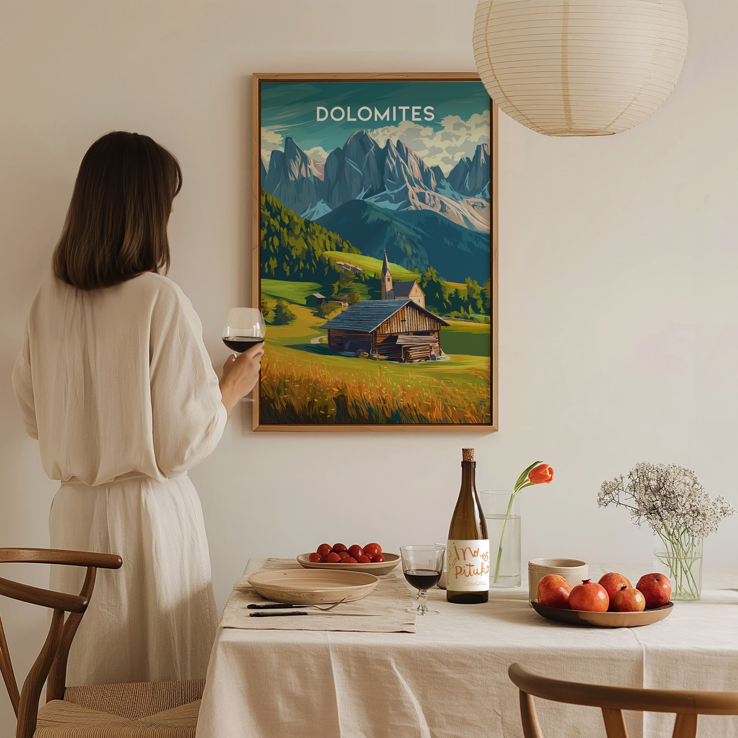 Dolomites, Italy Poster | Alpine Peaks & Meadow Travel Wall Art — styled in a modern interior