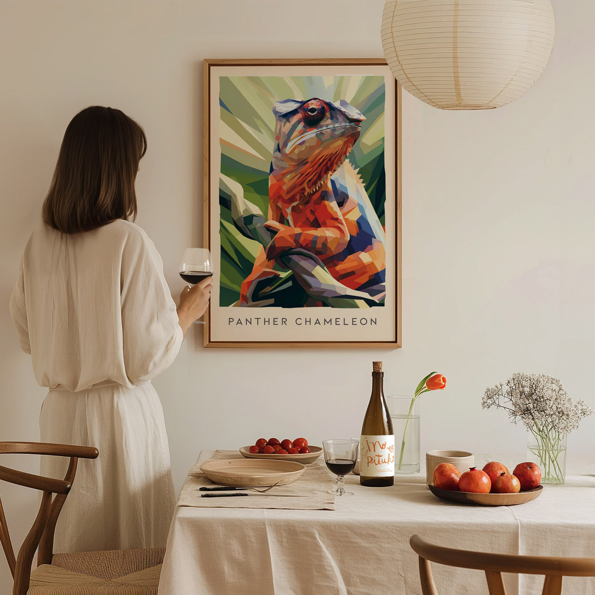Panther Chameleon Poster | Vibrant Rainforest Reptile Wildlife Wall Art — styled in a modern interior