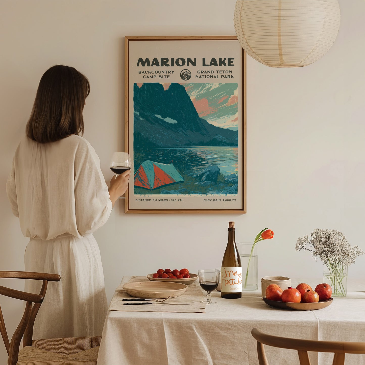 Marion Lake, Grand Teton Poster | Hiker Gift | Alpine Wilderness Backcountry Wall Art — styled in a modern interior