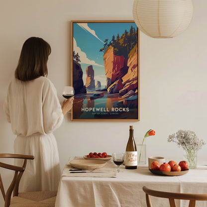 A woman in a white dress admires a Hopewell Rocks poster in a cozy dining room with a set table, featuring a wine bottle and fresh fruit.