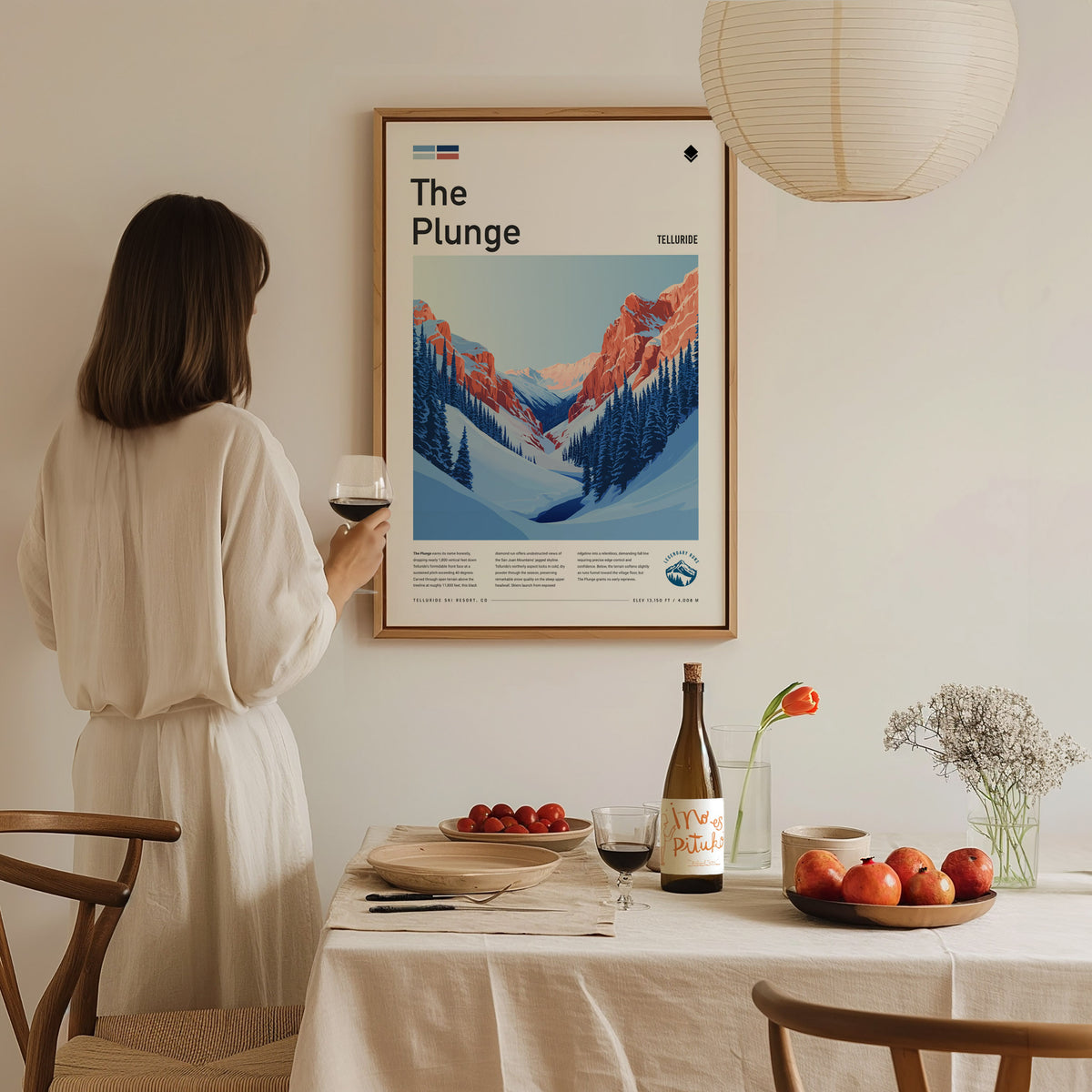 The Plunge, Telluride Poster | Alpine Ski Run Mountain Poster Wall Art — styled in a modern interior