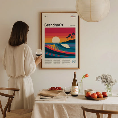 Grandma's, Maui, Hawaii Poster | Tropical Surf Wall Art — styled in a modern interior