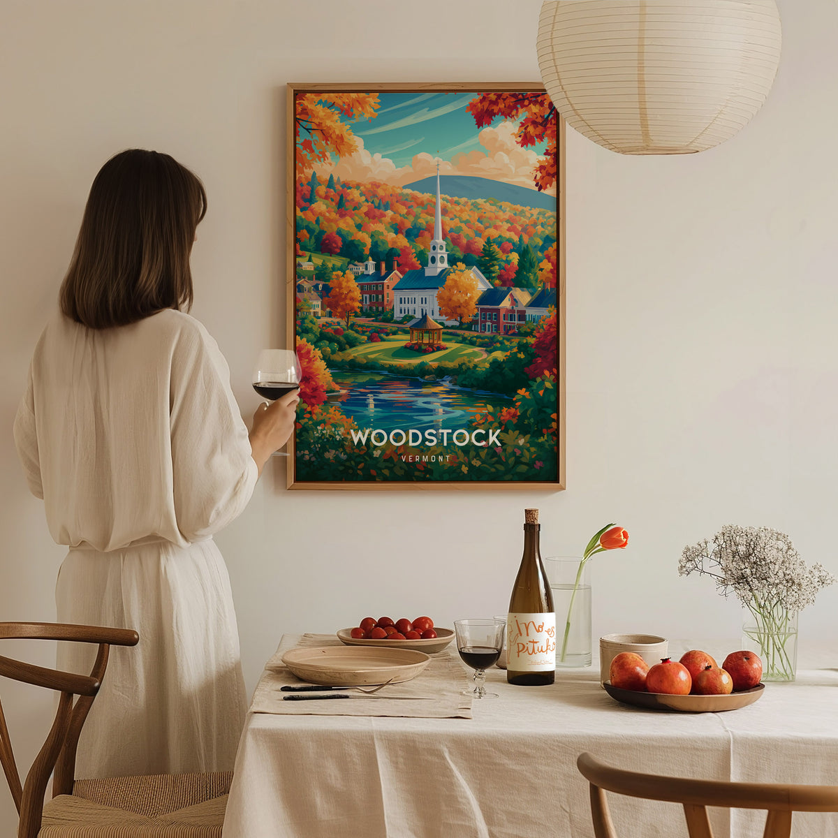 Woodstock, Vermont Poster | New England Covered Bridge Vacation Wall Art — styled in a modern interior