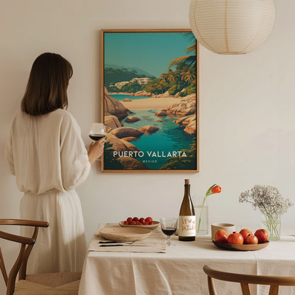 Puerto Vallarta, Mexico Poster | Tropical Coast & Cathedral Wall Art — styled in a modern interior