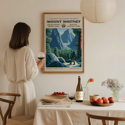 Mount Whitney, Sequoia National Park Poster | Hiker Gift | Backcountry Trail Wall Art — styled in a modern interior