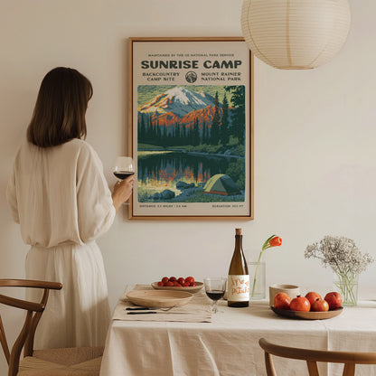 Sunrise Camp, Mount Rainier National Park Poster | Hiker Gift | Backcountry Trail Wall Art — styled in a modern interior