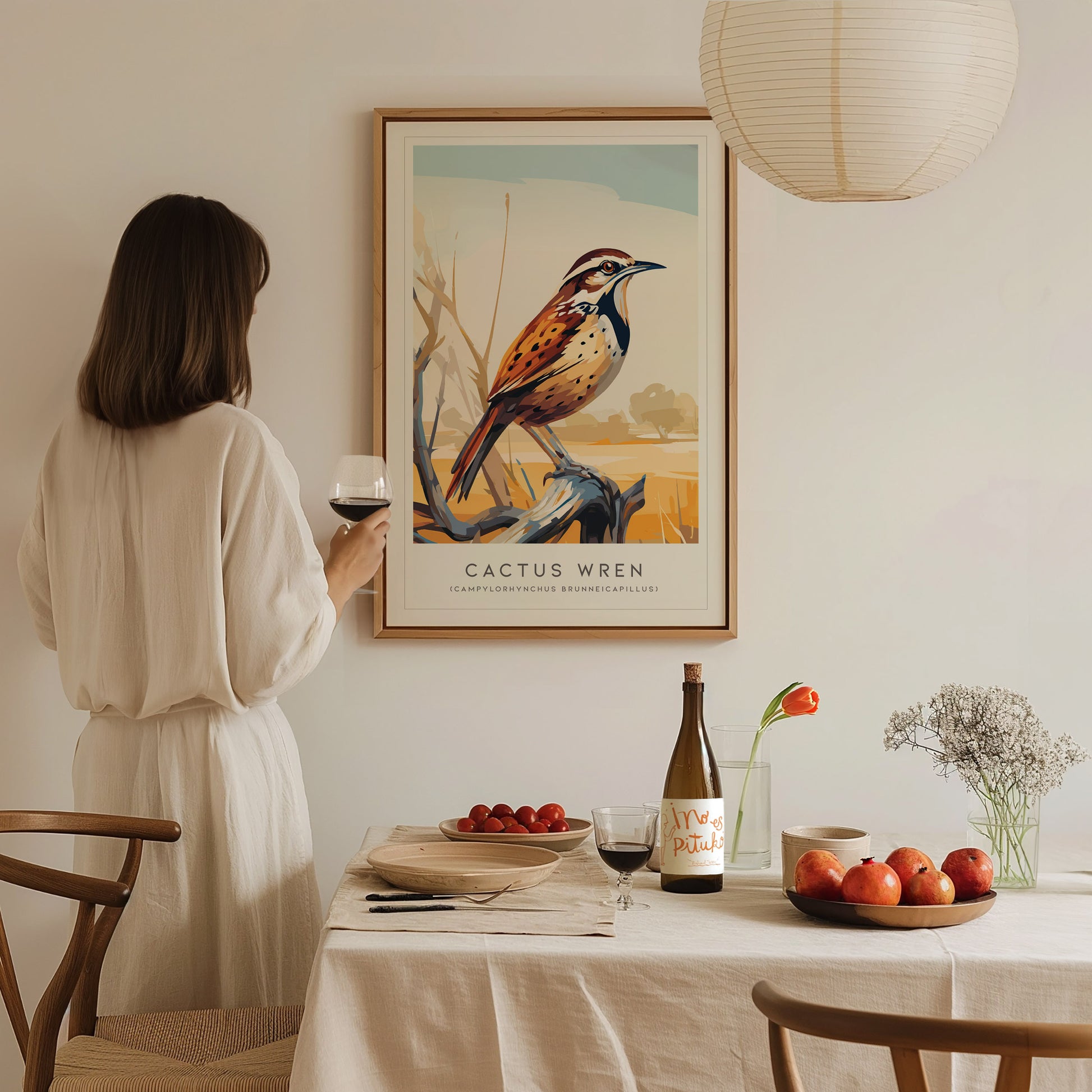 Cactus Wren Poster | Desert Songbird & Blooming Cactus Wall Art — styled in a modern interior