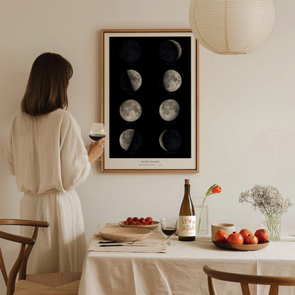 A woman in a white dress stands holding a glass of red wine, gazing at a framed moon phases poster on the wall.